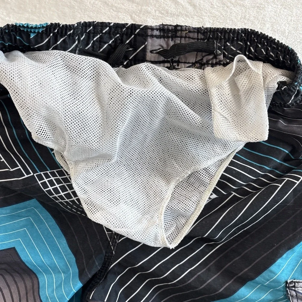 Kanu Surf Swim Trunks Youth Boys Polyester Size Large 14/16 Black Turquoise Mesh